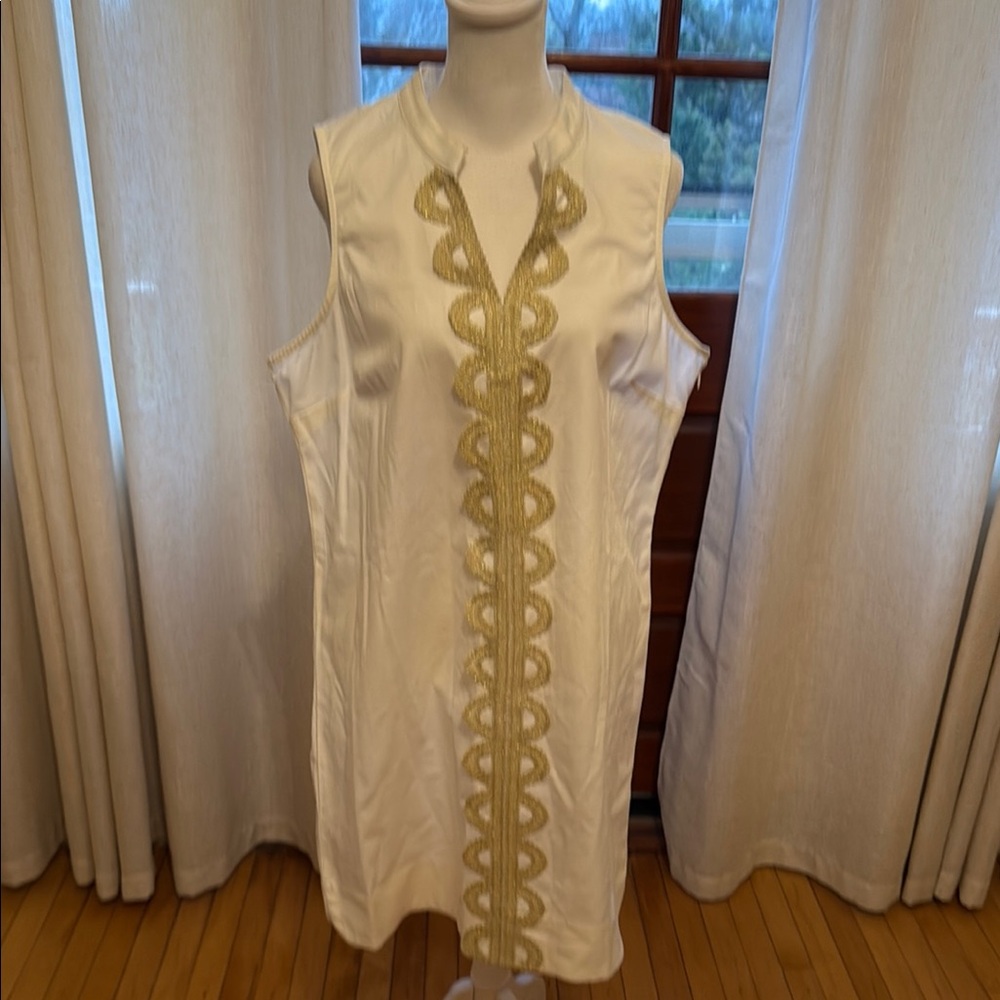 Mud Pie White Sleeveless Sheath Dress with Gold Embroidery NWOT Large